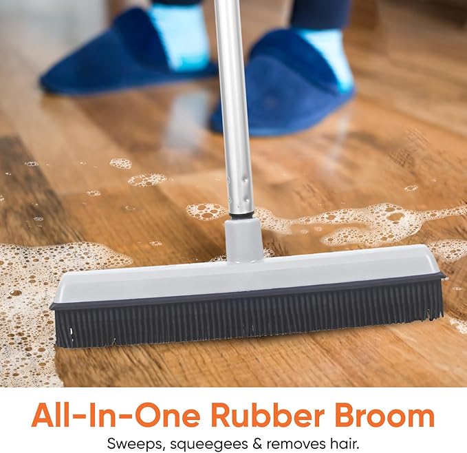 Rubber Bristle Broom for Floors Salon Broom, Rubber Squeegee Broom, Rug Broom, Rubber Rake for Human Hair, Pet Hair, Fur, Lint, Liquid, with 3-Part Handle, Grey