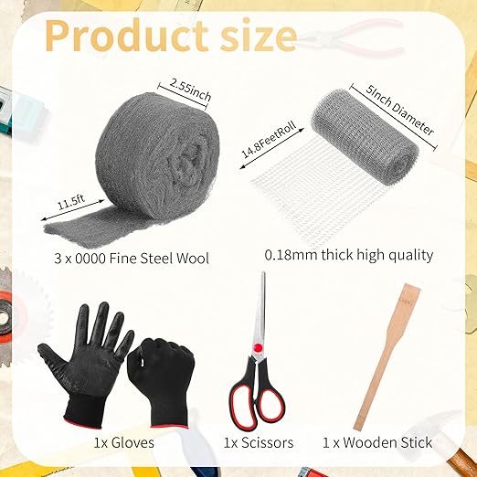 Steel Wool for Mice Control Mesh Rodent Control Kit 1 Pack Rustproof Mesh Roll and 0000 Steel Wool Mouse Hole Filler with Gloves, Scissors for House Garden Home Garage(5in X 14.8ft)
