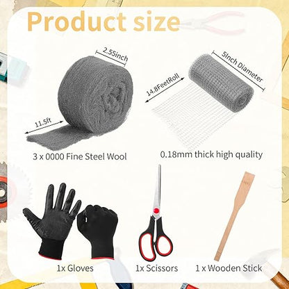 Steel Wool for Mice Control Mesh Rodent Control Kit 1 Pack Rustproof Mesh Roll and 0000 Steel Wool Mouse Hole Filler with Gloves, Scissors for House Garden Home Garage(5in X 14.8ft)