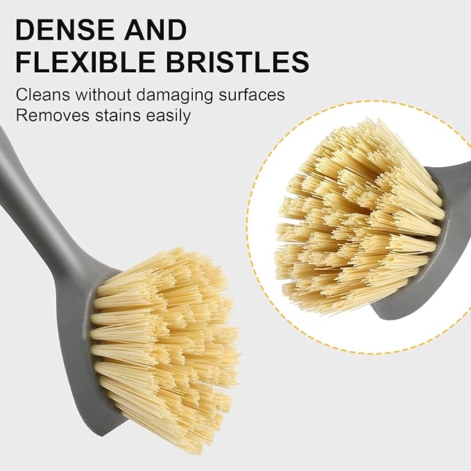Jiozermi 2 Pcs Kitchen Scrub Brush with Bamboo Handle, Dishwashing Brush Built-in Scraper, Dish Scrubber for Kitchen Cleaning, Pots, Pans, Sink, Counter and Cast Iron Cookware