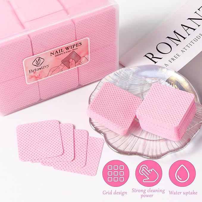 Lint-Free Nail Wipes With 100ML Empty Spray Bottle Set,1080pcs Pink Non-Woven Fabric Dry Nail Prep Skin Nail Polish Remover Wipes Nail Cleaning Pads Eyelash Extension Glue Wipes Paper
