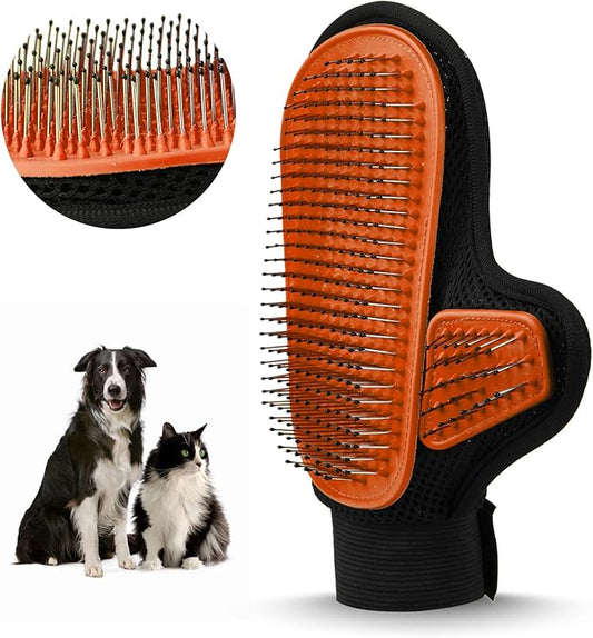 2025 Pet Grooming Glove with Tipped Pin Brush,Special Design Deshedding Glove, Perfect Petting Tool for Sensitive Dogs & Cats with Long & Medium Fur, Massage Mitt - Right-Hand - Orange