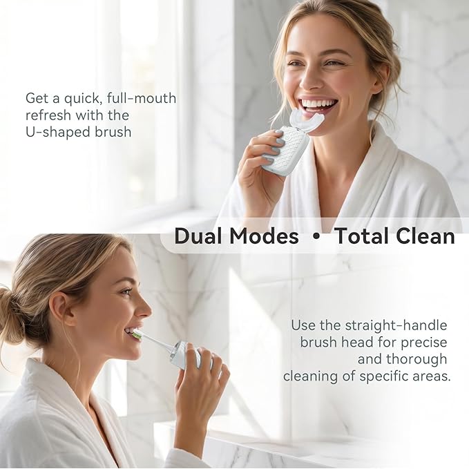Sonic Electric U Shaped Toothbrush for Adults, Automatic Full Mouth Cleaning Toothbrush, 360° Stain Removal, IPX7 Waterproof Rechargeable, 3 U-Shape & 2 Straight Brush Heads (White - Cup)