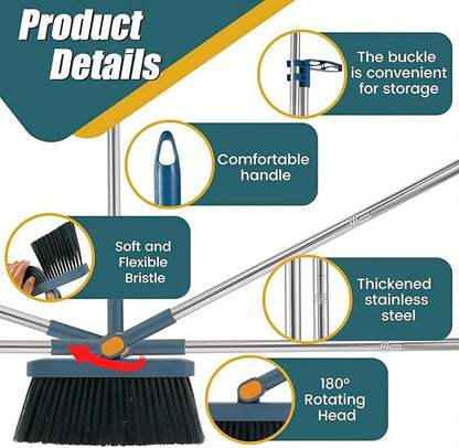 Broom and Dustpan Set, Long Handle Standing Broom with Self-Cleaning Comb Teeth, Heavy Duty Broom Dustpan Combo for Home Kitchen Office Floor Pet Hair Cleaning (Blue)