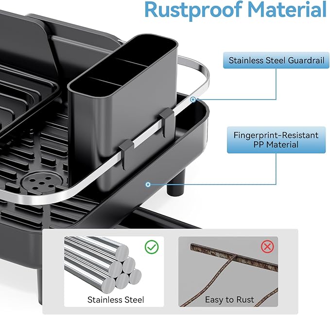 Urackify Expandable Dish Rack for Kitchen Counter,16.14"-23.62" Large Stainless Steel Dish Drying Rack with Adjustable Water Spout, Space Saving Dish Drainer with Auto Draining Cutlery Holder,Black