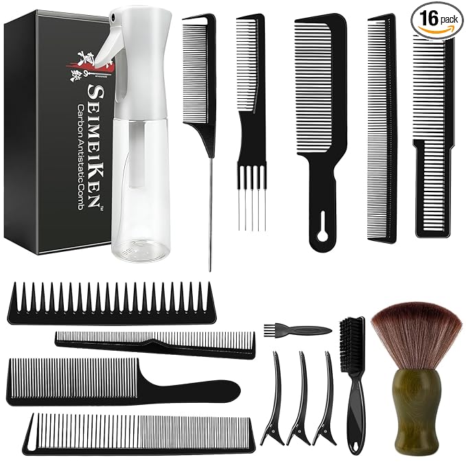 16 PCS Professional Barber Comb & Brush Set - Barber Accessories with 10oz (300ml) Continuous Spray Bottle, Carbon Fiber Rat Tail Comb, Neck Duster for Men, Women, Salon & Home