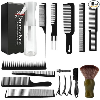 16 PCS Professional Barber Comb & Brush Set - Barber Accessories with 10oz (300ml) Continuous Spray Bottle, Carbon Fiber Rat Tail Comb, Neck Duster for Men, Women, Salon & Home