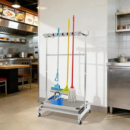 Broom Mop Holder Cleaning Supplies Organizer, Mobile Mop Rack with Water Basin & 12 Hooks, Freestanding Cleaning Tool Cart Storage Rack for Home Garden Garage Schools Hotels (Stainless Steel Basin)