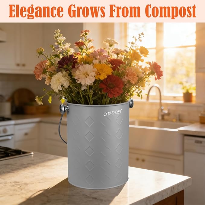 AOSION Countertop Compost Bin Kitchen,Odorless Indoor Compost Bin with Lid,Farmhouse Composter Container for Food Waste,Includes 2 Carbon Filters, Small Compost Bucket,Trash Bags (Modern, Grey)