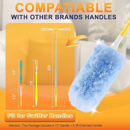 60-Pack Heavy Duty Duster Refills Compatible with Swiffer, 3FT Extendable Handle, 5X Multi-Surface Microfiber Duster for Home, Fans, Blinds, Vents & Car Cleaning