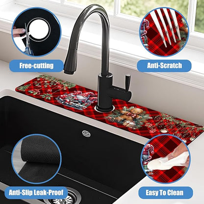 Chrismas Sink Splash Guard Faucet Mat Cute Christmas Absorbent Fast Drying Mat Sink Gadgets Splash Guard Behind Faucet Drip Catcher for Kitchen Bathroom 23.5"X5.5"