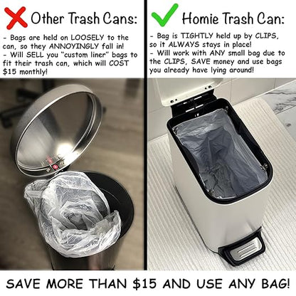 Homie Soft Close, Slim Trash Can 6 Liter / 1.6 Gallon with Anti - Bag Slip Liner and Lid, Use as Mini Garbage Basket, Slim Dust Bin, or Decor in Bathroom, Restroom, Kitchen, or Bedroom (Matte White)