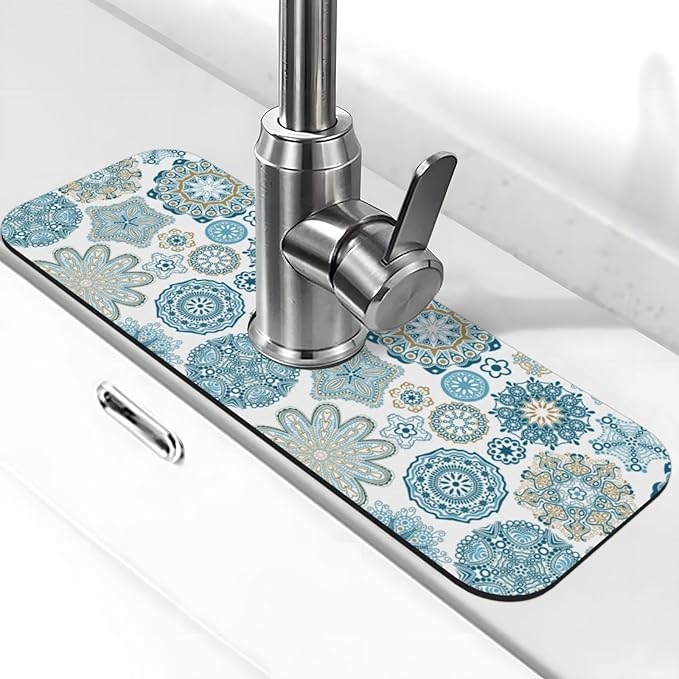 Mandala Boho Blue Flower 15" X 5.5" Kitchen Sink Splash Guard Faucet Faucet Guard Draining Mat Sink Splash Guard Faucet Kitchen Bathroom