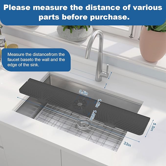 33 inch Sink Splash Guard Mat, Sink Faucet Drying Mat, Silicone Faucet Handle Drip Catcher Tray, Longer Silicone Sink Mat for KitchenBathroom, Drip Protector Splash Countertop (Black)