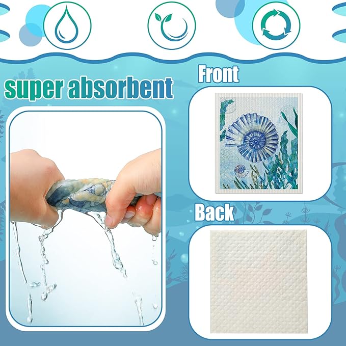 Remagr 6 Pcs Swedish Kitchen Dish Towels Kitchen Cloths Reusable Sponge Cleaning Cloths Absorbent Dish Cloth Quick Drying Washable Cleaning Wipes No Odor Hand Towel (Marine Life)
