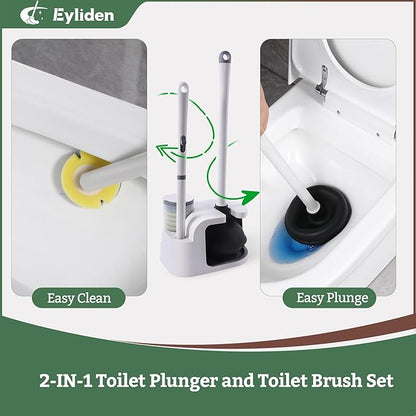 Eyliden Toilet Brush and Plunger Combo Set | 2-in-1 Disposable Toilet Bowl Wand Kit with 10 Refill Heads, Toilet Plunger, Compact Storage Holder | Bathroom Cleaning System for Home, White