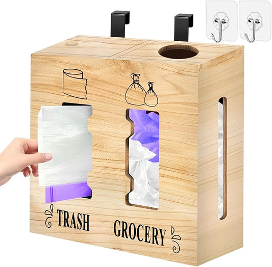2 in 1 Trash Bag Dispenser and Grocery Bag Holder, Large Wooden Plastic Bag Holder, Wall Mount Trash Bags Holder for Grocery and Plastic Bags, Kitchen and Laundry Room Organization