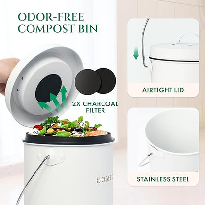 White 1.3 Gallon Indoor Compost Bin Kitchen Odorless with Lid for Composting Food Waste Bucket for Counters, Stainless Steel Kitchen Compost Bin Countertop Trash Can Scrap Container Composter Caddy