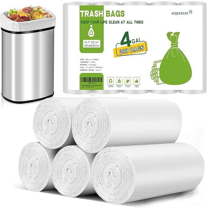 4 Gallon Biodegradable-Trash-Bag Small-Garbage-Bags For Bathroom - White Compostable 200 Count Unscented Kitchen Can Liners Office Waste Basket 15L Tiny Recyclable Acqkunlo