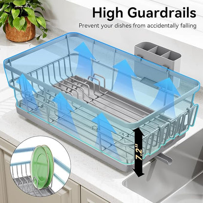 TOOLF Dish Drying Rack, Dish Racks for Kitchen Counter, Stainless Steel Sink Organization and Storage Essentials with Cutlery Holder, Dish Drainer, Home and Appartment Decor, 12.4''W x 16.5''L, Gray
