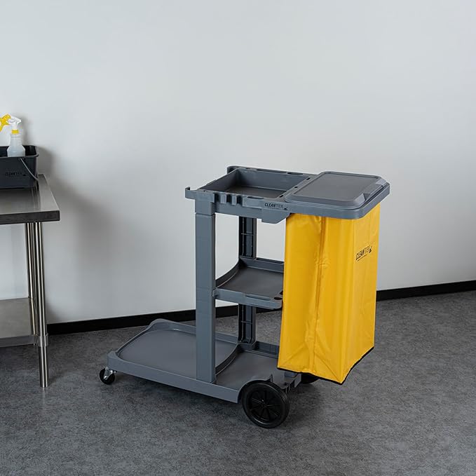 Restaurantware-Clean Tek Professional Janitor Cart with Wheels, 1 Cleaning Trolley with Cover and 18 Gallon Bag - 3 Shelves, Heavy-Duty, Gray Plastic Commercial Janitorial Cart, for Restaurants