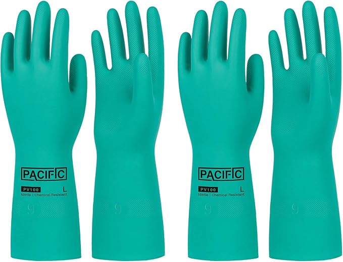 PACIFIC PPE 2 Pairs Nitrile Chemical Resistant Gloves, Flocked, Resist Household Acid, Alkali, Latex Rubber Free, 15 mil, 12.6", Large