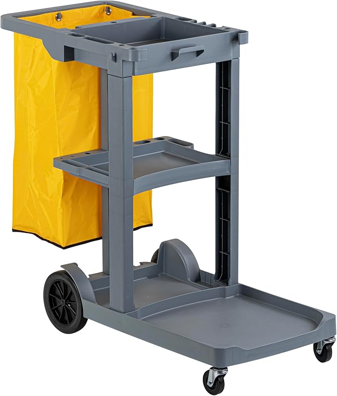 Restaurantware-Clean Tek Professional Janitor Cart with Wheels, 1 Cleaning Trolley with 18 Gallon Bag - 3 Shelves, Heavy-Duty, Gray Plastic Commercial Janitorial Cart, for Restaurants