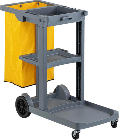 Restaurantware-Clean Tek Professional Janitor Cart with Wheels, 1 Cleaning Trolley with 18 Gallon Bag - 3 Shelves, Heavy-Duty, Gray Plastic Commercial Janitorial Cart, for Restaurants