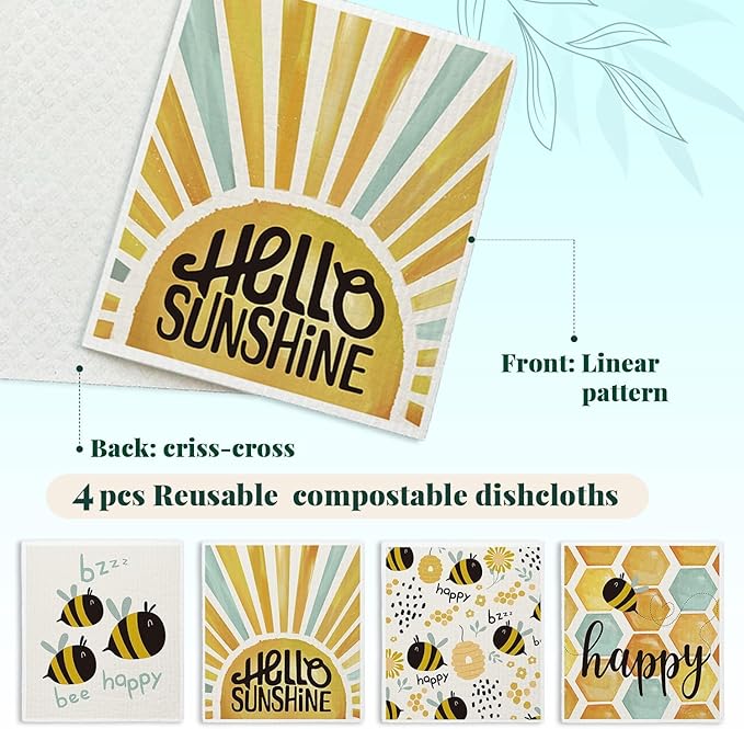 Bee Hello Sunshine Cute Swedish Dishcloths for Kitchen, 4 Pack Summer Gifts Swedish Dish Cloths Towels for Kitchen Bathroom Office Housewarming Gifts, Papaya Reusable Paper Towels Washable