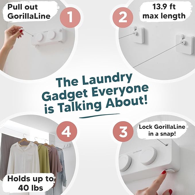 GorillaLine Max - Retractable Clothesline Indoor Outdoor Clothes Line - Heavy Duty Clothes Drying Laundry Line - Wall Mounted Drying Rack - Air Dry Clothing - Max Tighten with GorillaGrip