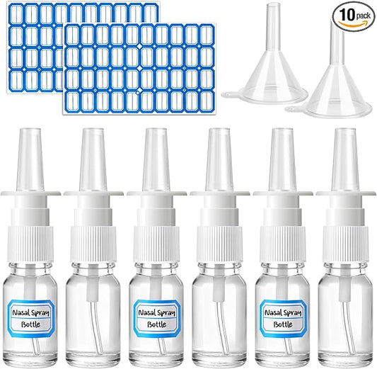 10 Pcs Nasal Spray Bottle, 10ML/0.35OZ Glass Transparent Empty Nasal Nose Spray Bottles Refillable with 2 Funnels and 2 Labels