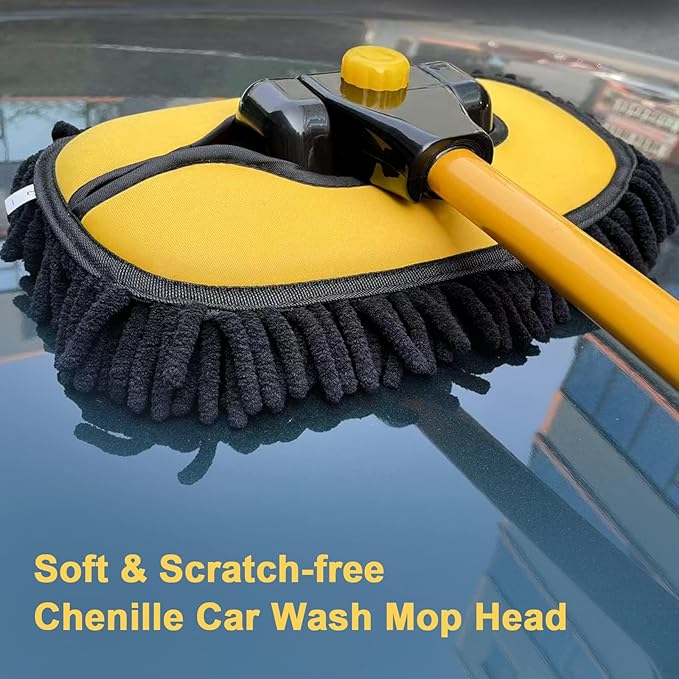 YeewayVeh Car Wash Brush Mop with Long Handle, 15° Curved Extension Pole Car Wash Kit with 3 Chenille Brush Head Covers for RV Truck Camper Cleaning, Yellow