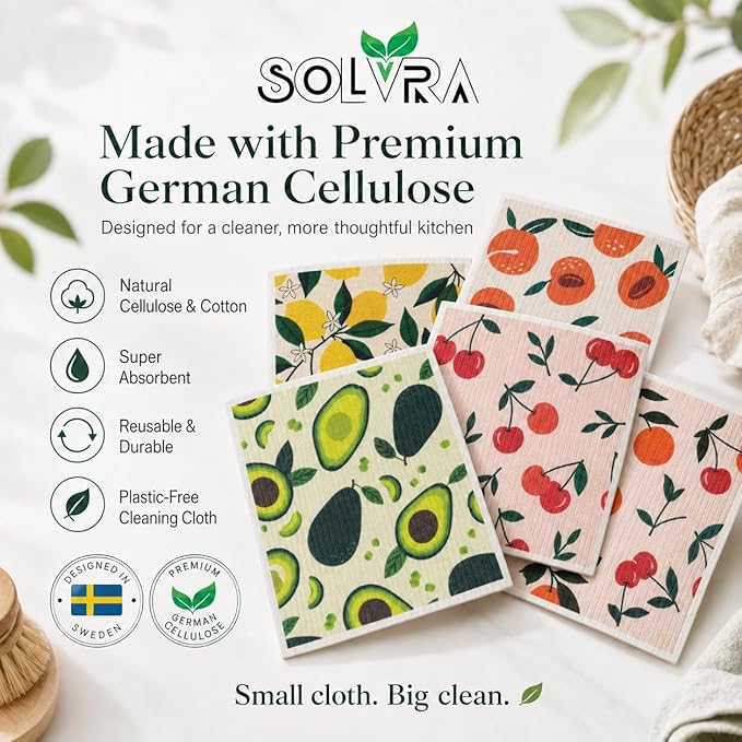 5 PCS Fruit Print Swedish Dishcloths for Kitchen 100% Biodegradable, Reusable Cellulose Sponge Cloths Ultra Absorbent, Eco Friendly Cleaning Towels Dishcloths for Washing Dishes & General Cleaning