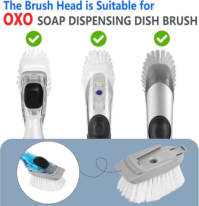 Dish Brush Refill Heads Compatible with OXO Soap Dispensing Dish Scrub Brush, Nylon Bristles with Built-in Scraper, Suitable for Non-Stick Cookware, 4 Pack