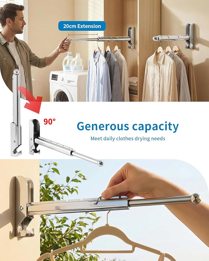BaiNong Wall Mounted Drying Rack 13" Foldable Clothes Hanger Silver Pull-Out Clothes Drying Rod for Laundry, Closets, Rntryway (2, 13" Silver)