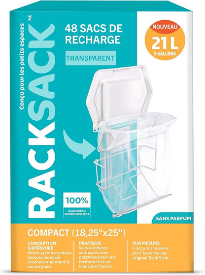 Rack Sack Garbage Bags Kitchen 5-Gallon Compact Refill Bags 48 Counts Clear