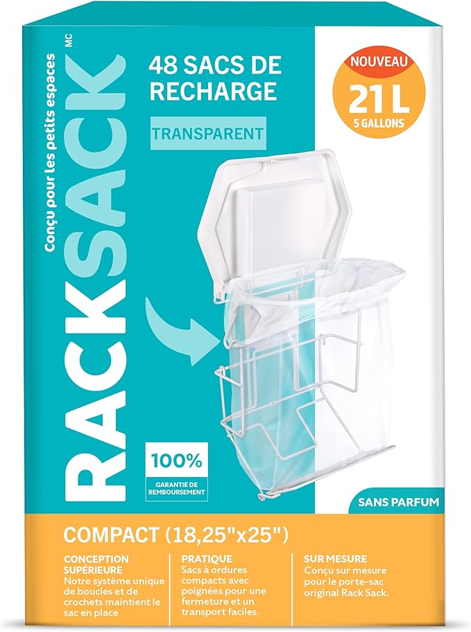 Rack Sack Garbage Bags Kitchen 5-Gallon Compact Refill Bags 48 Counts Clear