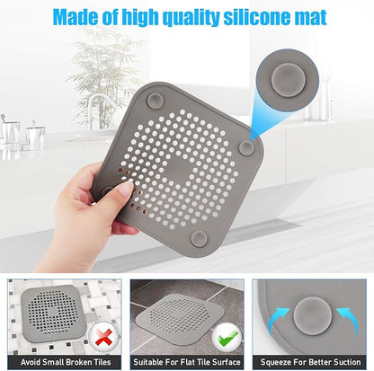 Square Drain Cover for Shower 5.7-inch TPR Drain Hair Catcher Flat Silicone Plug for Bathroom and Kitchen Filter Shower Drain Protection Flat Strainer Stopper with Suction Cups 2 Pack (Grey)