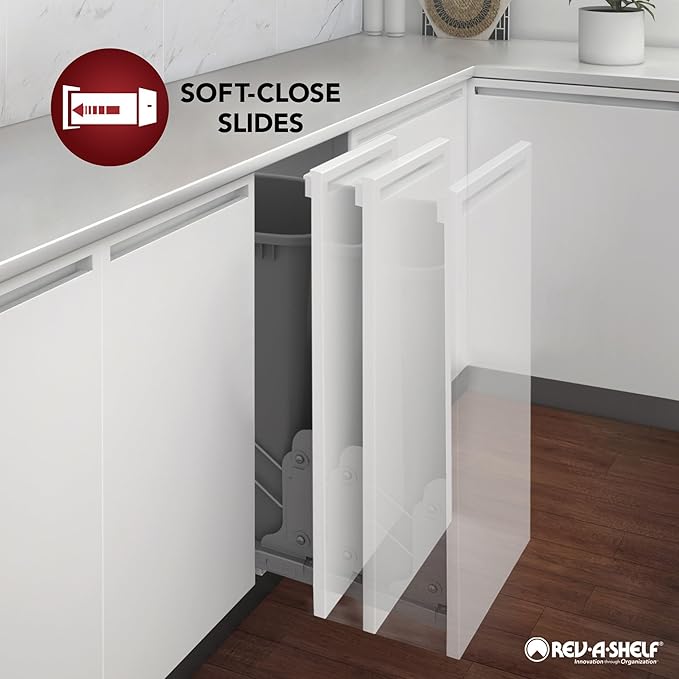 Rev-A-Shelf Aluminum Double Pullout Waste Container for Kitchen Base Cabinets, 50 Qt Trash Can with Soft-Close Slides, Black, 5349-2150DM-218