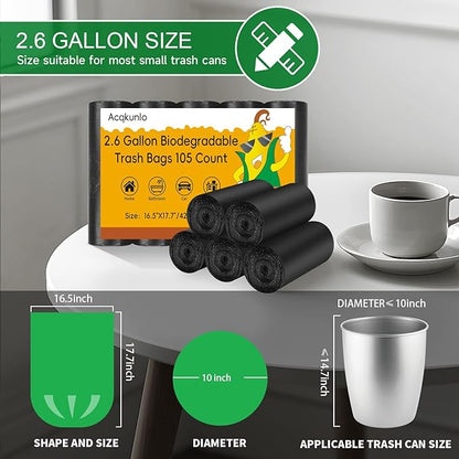2.6 Gallon Small Trash Bag Bathroom-Black - Mini Garbage Bags Biodegradable 105 Count 10 Liter Unscented Compostable Little Kitchen Office Car Small Waste Basket Liners Bulk Strong Thick Acqkunlo