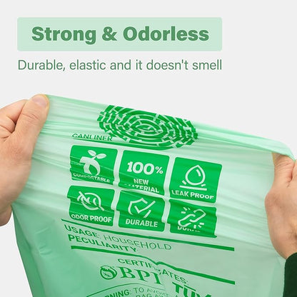 100 Compostable Trash Bags - 2.6 Gallon Garbage Bags for Kitchen Bin - Unscented, Leak Proof, Extra Strong - Disposable Food Waste Basket Liners - Certified by BPI & OK compost HOME by TÜV AUSTRIA