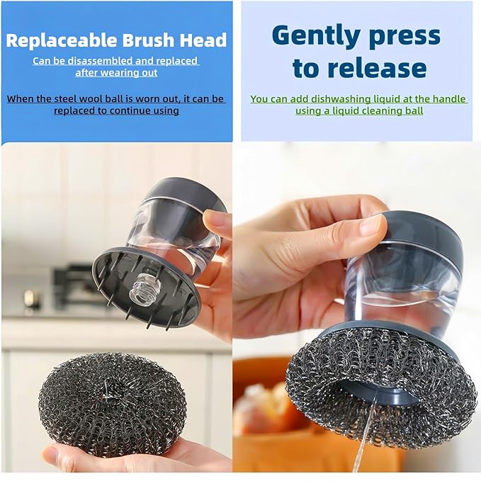 Soap Dispense Palm Scrub dishwashing Kitchen Scrubber Press Automatic Liquid wash Pot ，Small Dish Brush(PET)