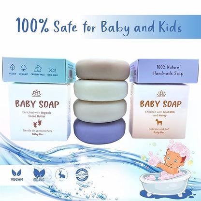 Set of 4 Organic Baby Soap Bars - Lavender-Chamomile, Goat Milk-Honey, Unscented, Greek Yogurt - Coconut Milk - All Natural Cold Process Soap Bars For Baby, Toddler, Kids - Safe for Sensitive Skin