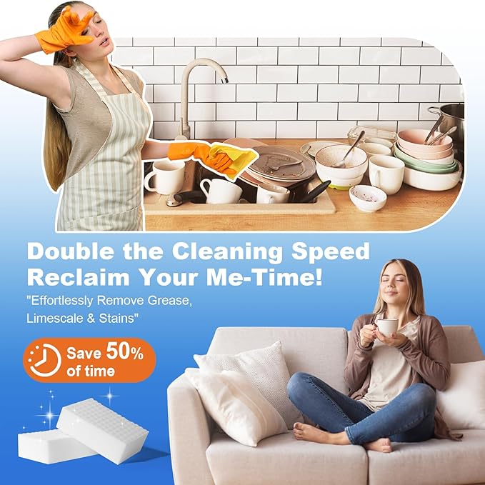50-Pack Extra-Thick Melamine Sponges 3.94" 2.76" 1.18" Durable Kitchen & Bathroom Cleaning Pads Powerful, Non-Scratch, Water-Activated Magic Sponge
