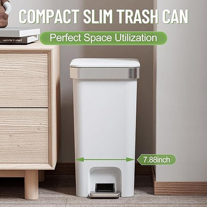Slim Bathroom Trash Can With Lid, 2.6 Gallon /10 Liter Small Wastebasket, Press Top Bin & Step Metal Pedal Trash Bin, Mini Plastic Garbage Cans for Bedroom, Office, Kitchen, Dorm (grayish-white)