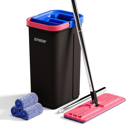 JOYMOOP Flat Mop and Bucket System, Microfiber Mop for Floor & Wall Cleaning, Household & Commercial Use, Wet Dry Cleaning for Hardwood, Tile & Glass, 60" Mop with 3 Pads