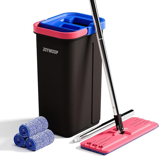 JOYMOOP Flat Mop and Bucket System, Microfiber Mop for Floor & Wall Cleaning, Household & Commercial Use, Wet Dry Cleaning for Hardwood, Tile & Glass, 60" Mop with 3 Pads