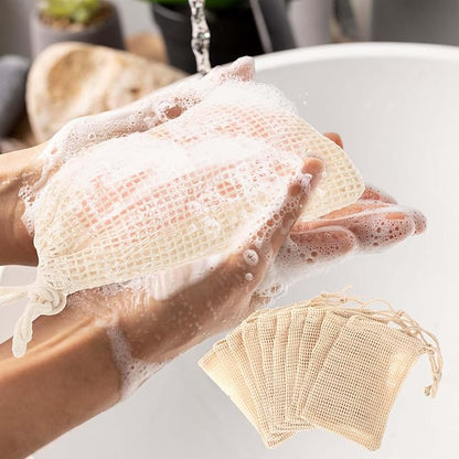 COMNICO 10 PCS Soap Bags Natural Sisal Soap Saver for Foaming and Drying Bubble Mesh Soap Scrubber Pouch Handmade Cotton Bag with Drawstring Body Facial Cleaning Bath Shower Tool