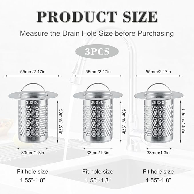 3Pcs Sink Drain Strainer，Shower Strainer Drain Hair Catcher Floor Drain Filter with Handle Stainless Steel Drainer Filter Used to Prevent Clogging of Kitchen Sinks (2.17")