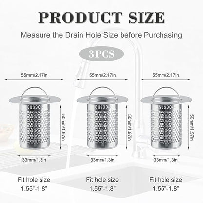 3Pcs Sink Drain Strainer，Shower Strainer Drain Hair Catcher Floor Drain Filter with Handle Stainless Steel Drainer Filter Used to Prevent Clogging of Kitchen Sinks (2.17")